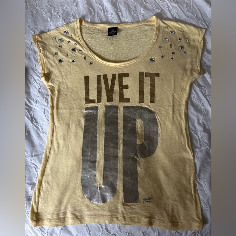 PINK Victoria's Secret Yellow Graphic Cap Sleeve Tee